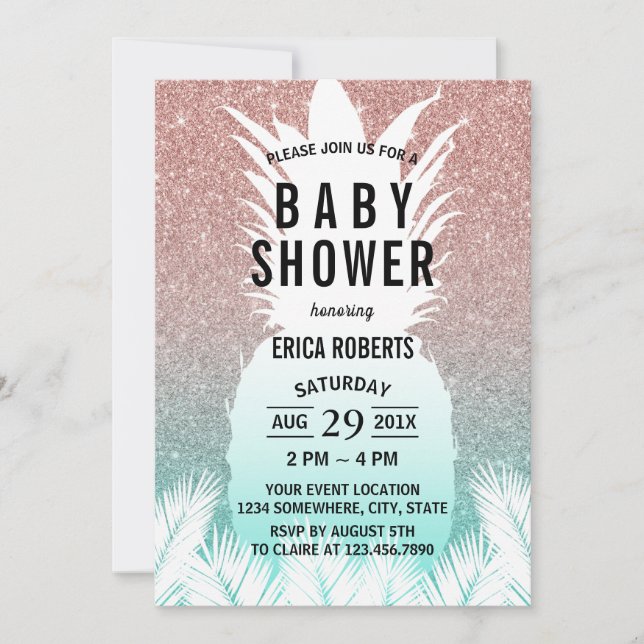 Invitación Rosa de piña tropical Purpurina de oro Baby Shower (Anverso)