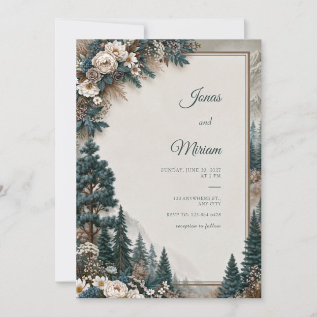 Invitación Rosa de Pino Azul de Boda (Anverso)