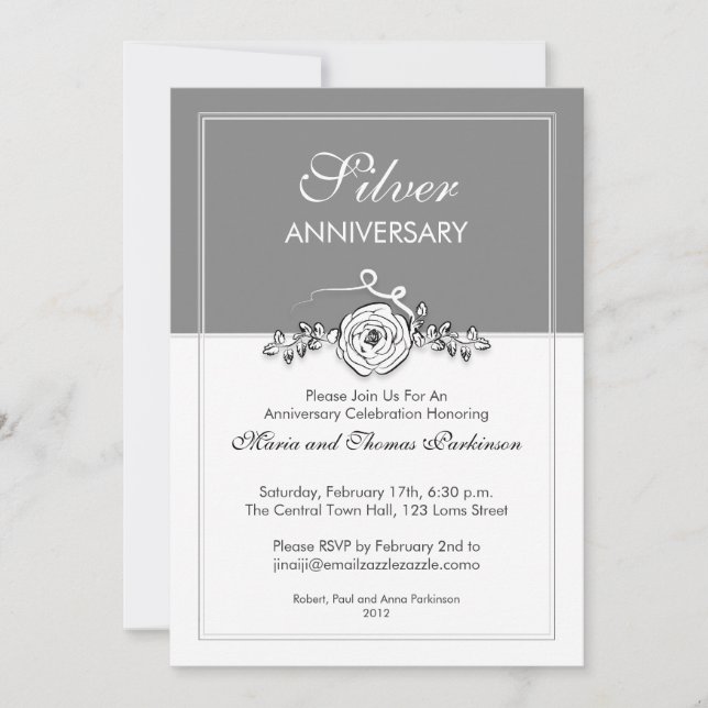 Invitación rosa de plata 25º aniversario del boda (Anverso)