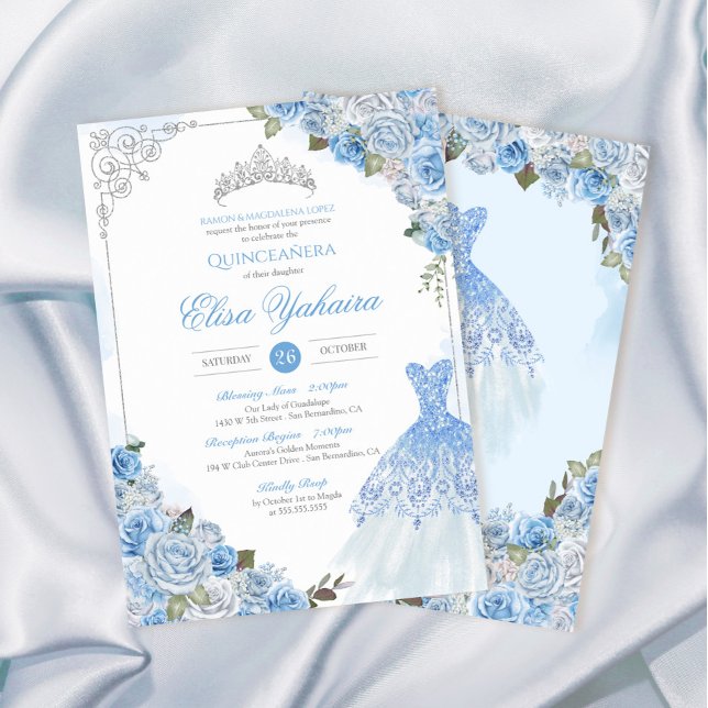 Invitación Rosa de plata azul de Cenicienta Quinceanera (Subido por el creador)