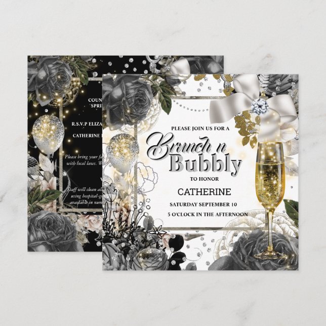 Invitación Rosa de plata blanca y negra, chic purpurina burbu (Anverso / Reverso)