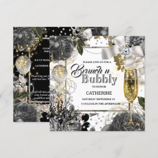 Invitación Rosa de plata blanca y negra, chic purpurina burbu