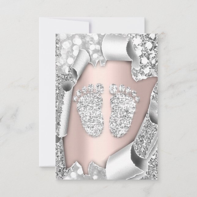 Invitación Rosa de plata Chica Purpurina de Baby Shower Feet  (Reverso)