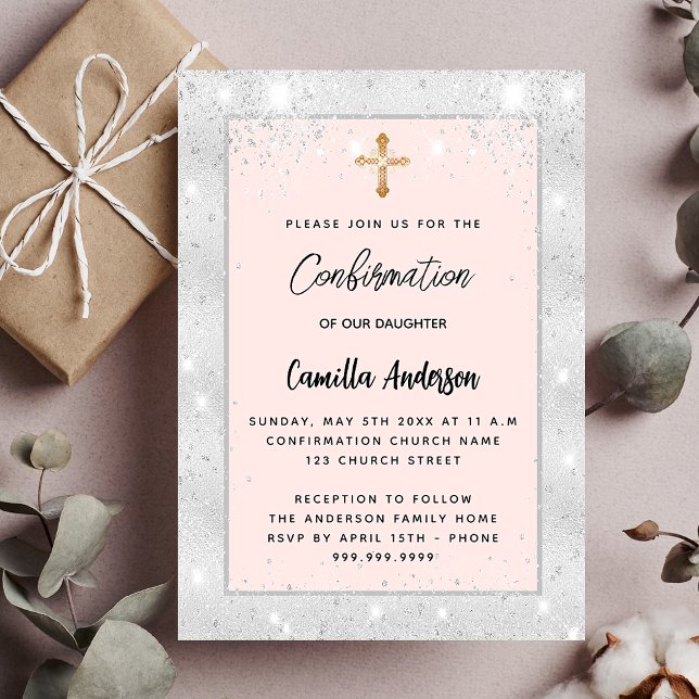 Invitación Rosa de plata de confirmación destellos de rubor d (Subido por el creador)