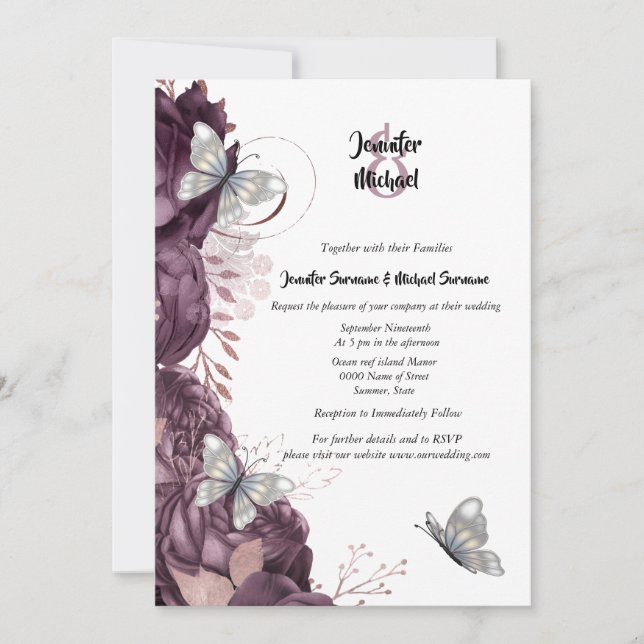 Invitación Rosa de plata malva moda mariposa elegante boda (Anverso)