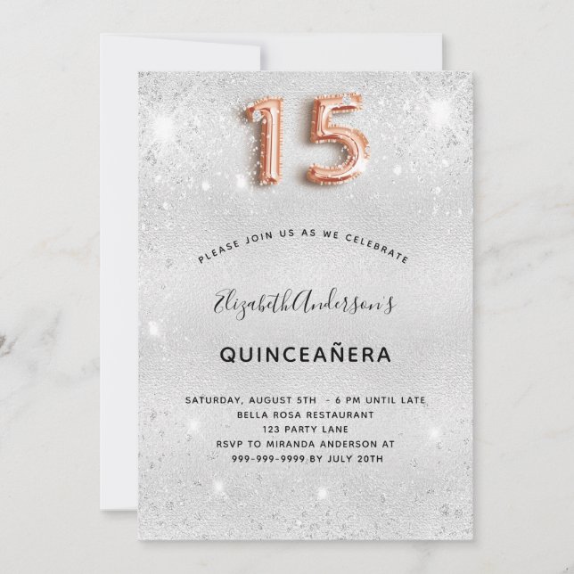 Invitación Rosa de plata quinceanera purpurina glamoroso (Anverso)