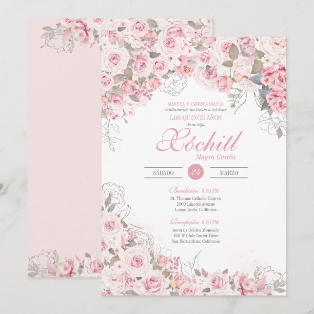 Invitación Rosa de plata rosa Rubor Blossom Quinceanera (Anverso / Reverso)