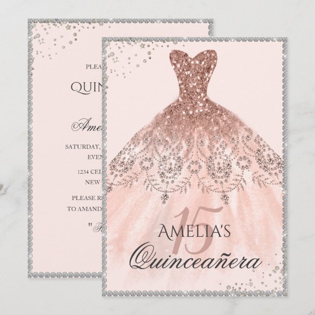 Invitación Rosa de plata Vestido de oro Esparkle 15 Quinceane (Anverso / Reverso)