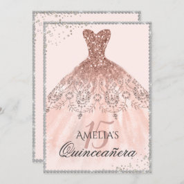 Invitación Rosa de plata Vestido de oro Esparkle 15 Quinceane