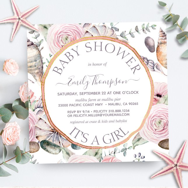 Invitación Rosa de playa Bouquet Seashell Gold Chica Baby Sho (Subido por el creador)