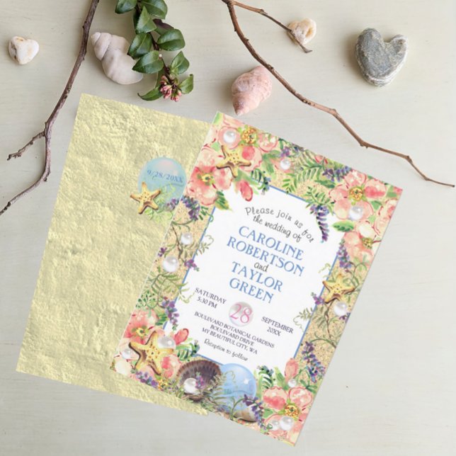 Invitación Rosa de playa de arena tropical Seashell Pearl Bod (Subido por el creador)