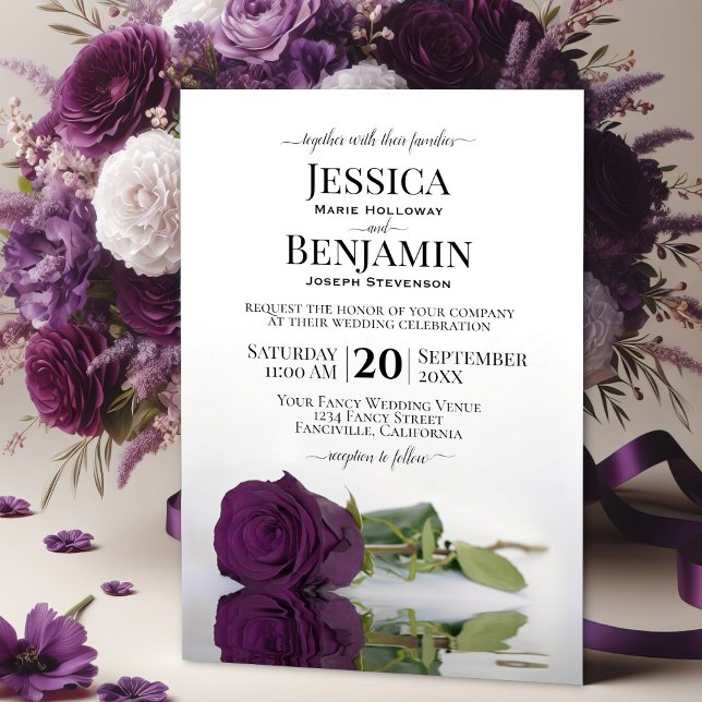 Invitación Rosa de Pluma Larga Estampada Purple Elegante Boda (Subido por el creador)