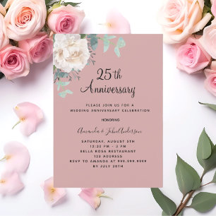 Invitación Rosa de polvo blanco floral aniversario 25 boda