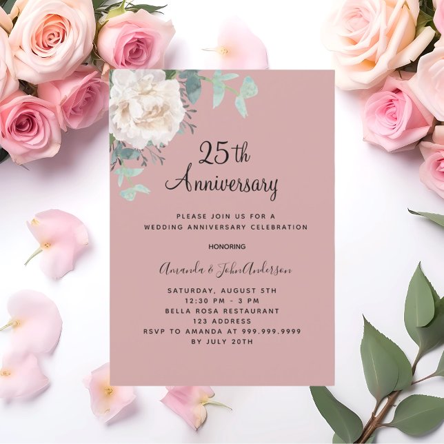 Invitación Rosa de polvo blanco floral aniversario 25 boda (Subido por el creador)