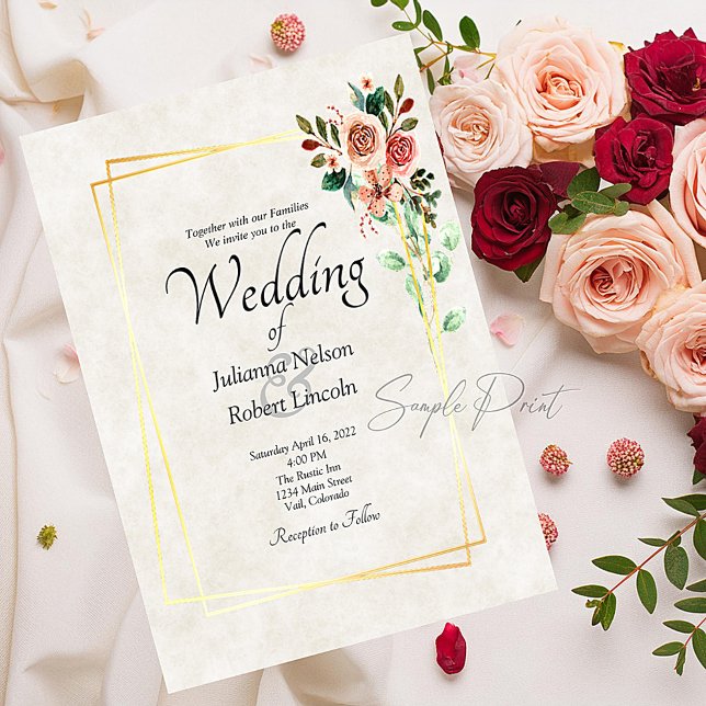 Invitación Rosa de presupuesto en blanco y boda de oro (Subido por el creador)