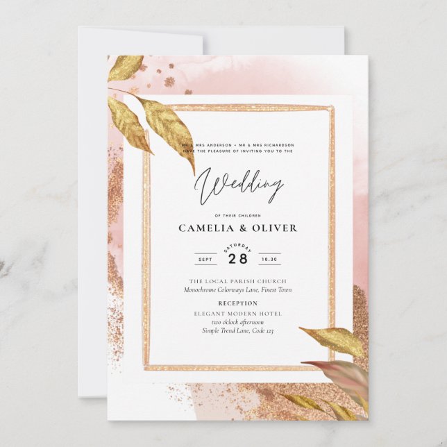 Invitación ROSA DE PRESUPUESTO Oro Saltos Boda Invitar Código (Anverso)