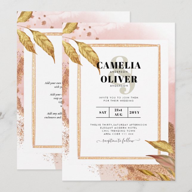 Invitación ROSA DE PRESUPUESTO Oro Saltos Boda Invitar Código (Anverso / Reverso)