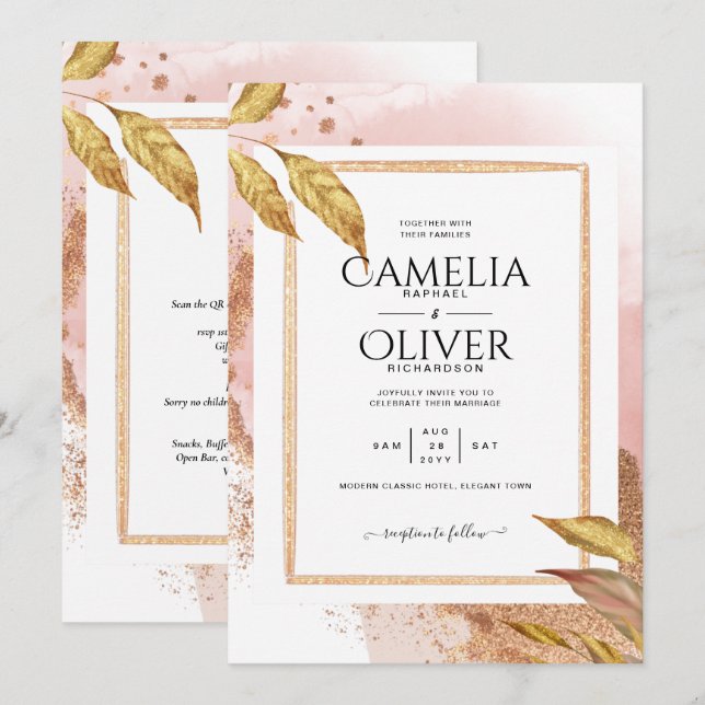 Invitación ROSA DE PRESUPUESTO Oro Saltos Boda Invitar Código (Anverso / Reverso)