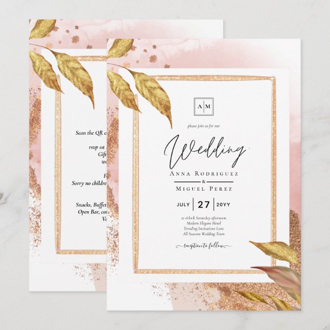 Invitación ROSA DE PRESUPUESTO Oro Saltos Boda Invitar Código (Anverso / Reverso)