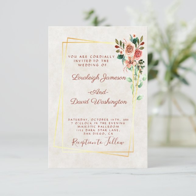 Invitación Rosa de presupuesto y boda de oro (Anverso de pie)