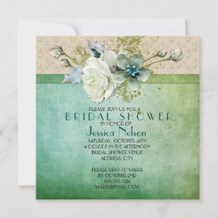 Invitación Rosa de primavera verde Damasco floral Ducha de no