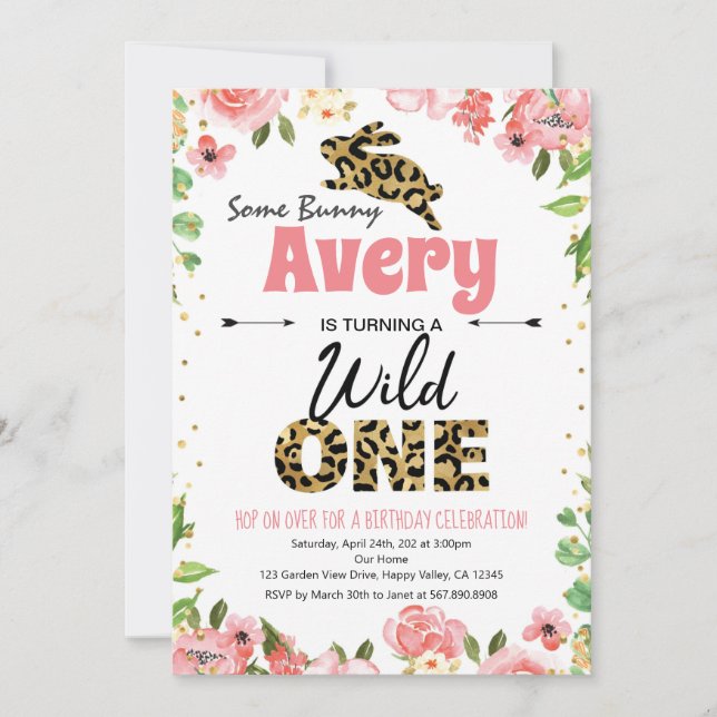 Invitación rosa de primer cumpleaños del Chica Con (Anverso)