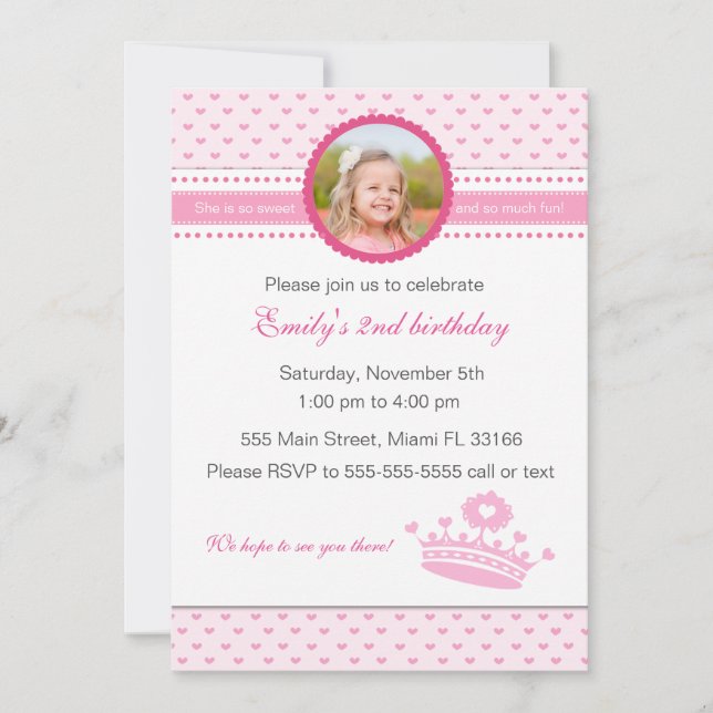 Invitación Rosa de princesa Birthday Photo Invitation Girl (Anverso)
