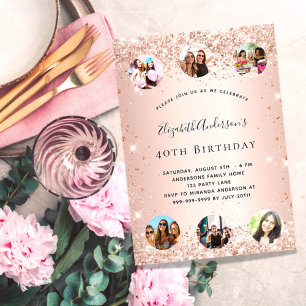 Invitación Rosa de purpurina de cumpleaños collage de fotos d
