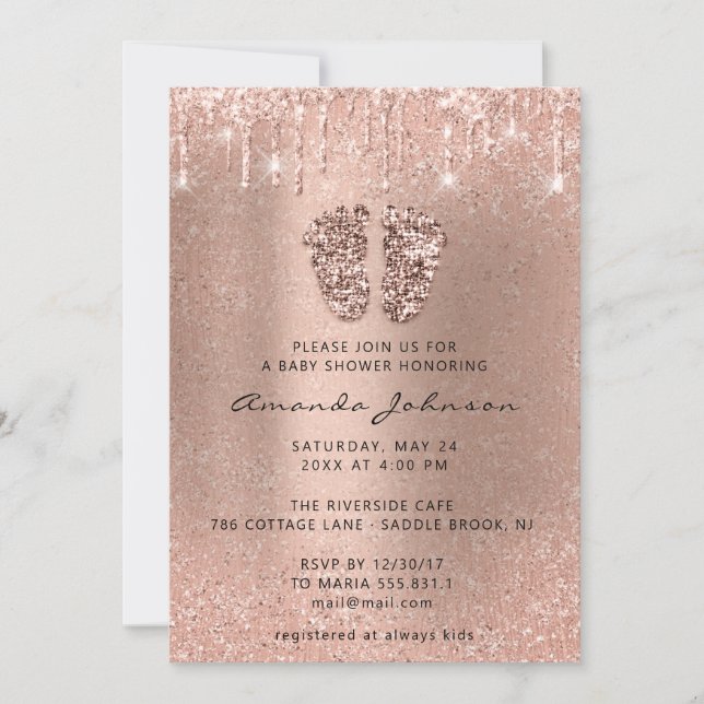 Invitación Rosa de Purpurina de pies Baby Shower GlitterDrip  (Anverso)