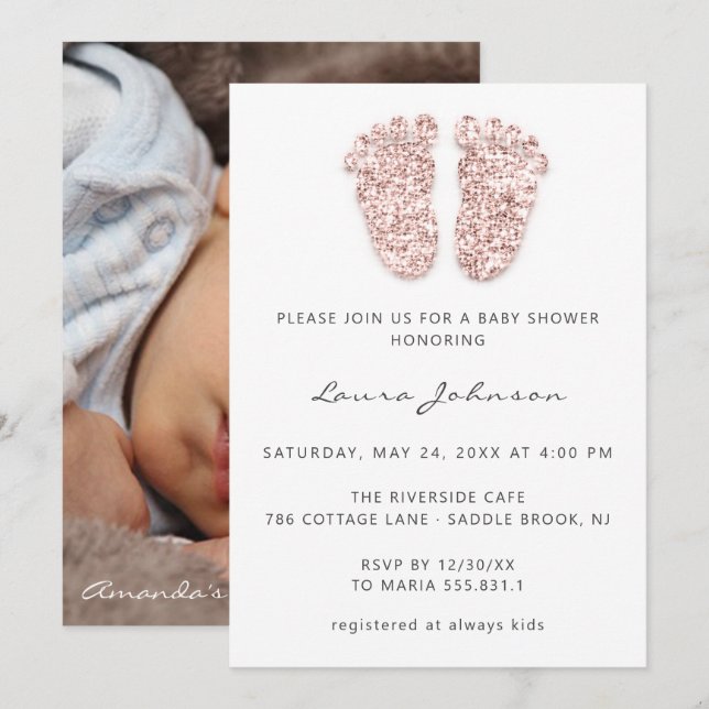 Invitación Rosa de Purpurina de pies Chica de Baby Shower (Anverso / Reverso)