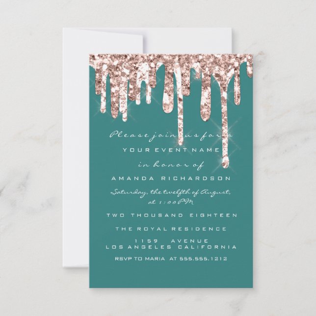 Invitación Rosa de  Purpurina Verde azulada Dulce de novia 16 (Anverso)