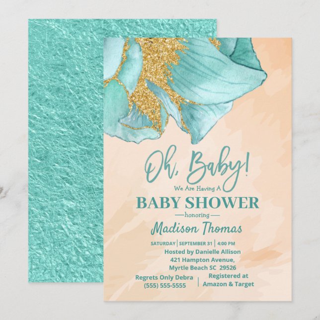 Invitación Rosa de Purpurina Verde Mint Baby Shower (Anverso / Reverso)