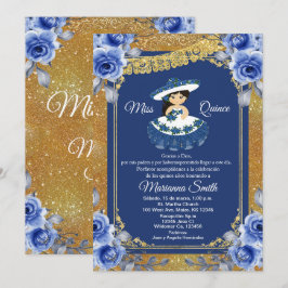 Invitación Rosa de quinceañera azul real dorada