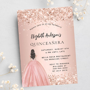 Invitación Rosa de Quinceanera purpurina de oro vestido de lu