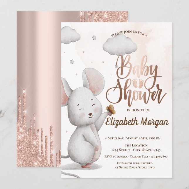 Invitación Rosa de ratón lindo Purpurina de oro gotea Baby Sh (Anverso / Reverso)