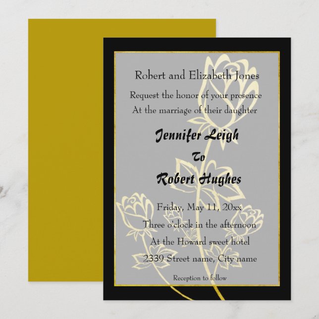 Invitación Rosa de Relieve metalizado dorado boda con tema de (Anverso / Reverso)