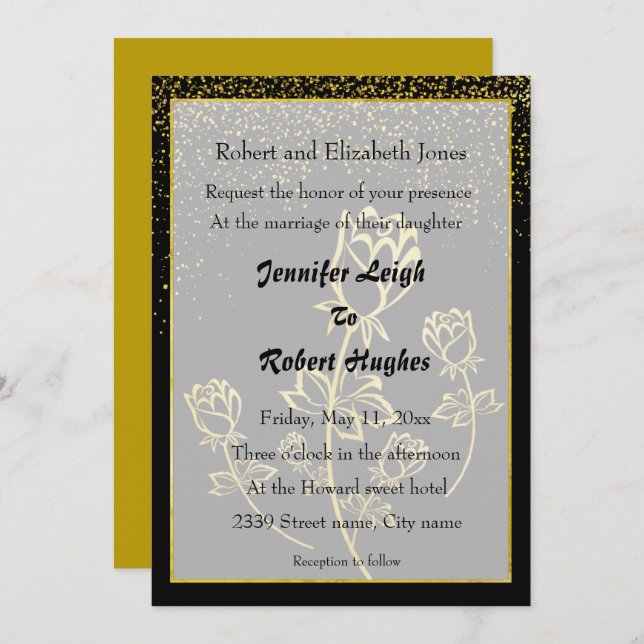 Invitación Rosa de Relieve metalizado dorado boda con tema de (Anverso / Reverso)
