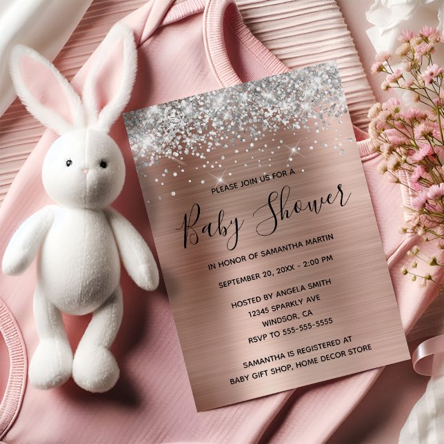 Invitación Rosa de Relieve metalizado dorado de  de Silver Pu (Silver Glitter Rose Gold Foil Baby Shower Invitation)