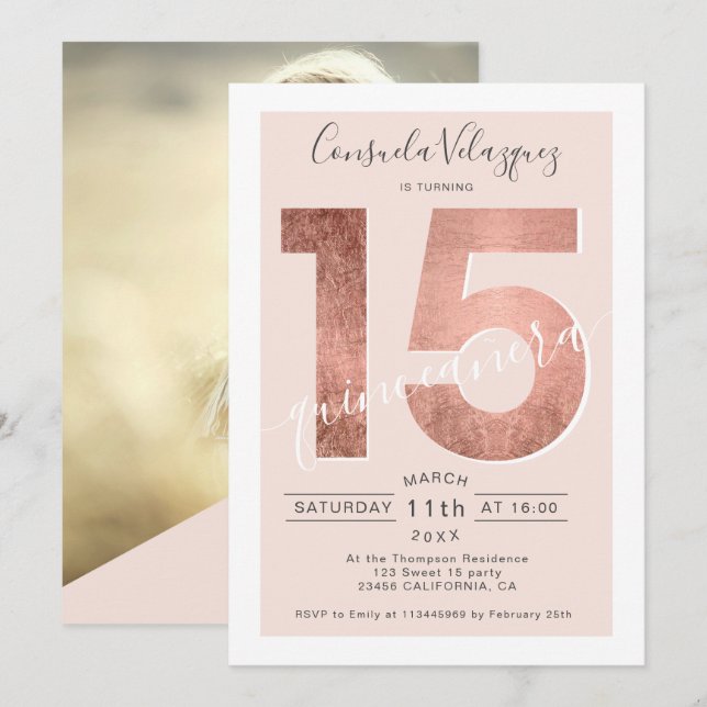 Invitación Rosa de Relieve metalizado dorado foto de quinceañ (Anverso / Reverso)