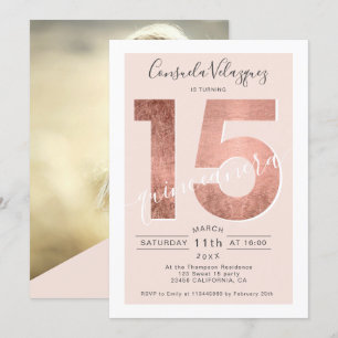 Invitación Rosa de Relieve metalizado dorado foto de quinceañ