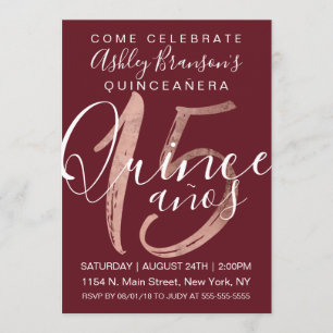 Invitación Rosa de Relieve metalizado dorado Quinceañera