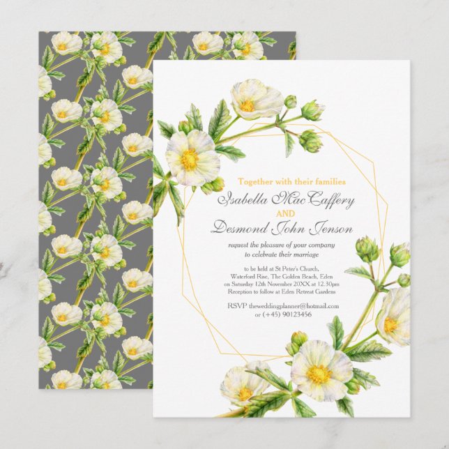 Invitación Rosa de rock acuarela arte boda gris amarillo blan (Anverso / Reverso)