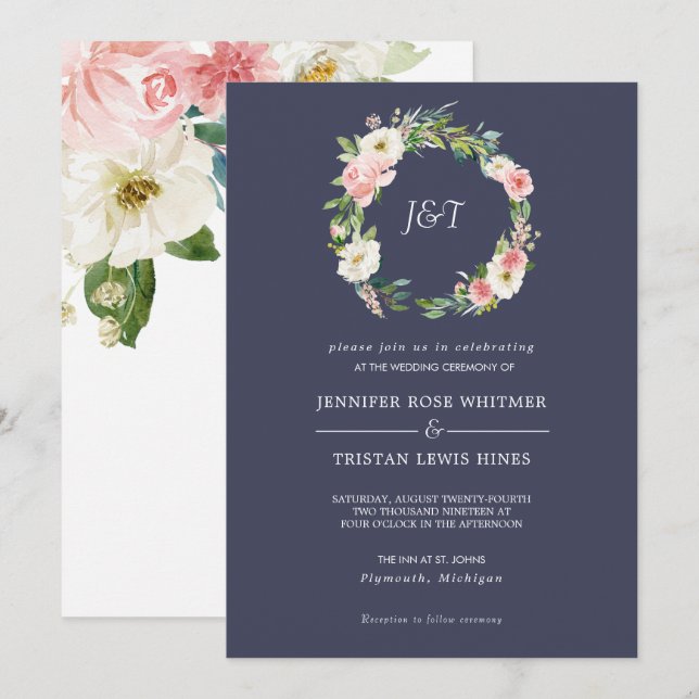 Invitación Rosa de rubefacción y Boda Monograma de la guirnal (Anverso / Reverso)