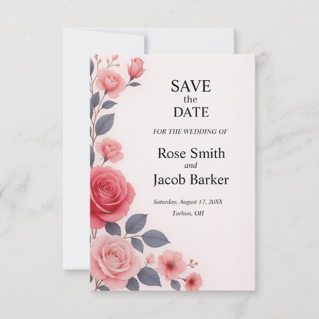 Invitación Rosa de Rubor Boda Floral Guardar la fecha (Anverso)