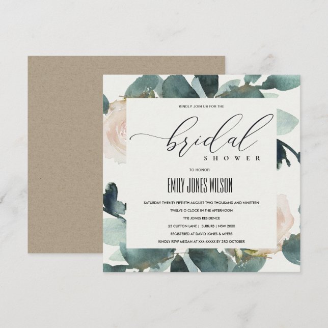 INVITACIÓN ROSA DE RUBOR EUCALYPTUS SOFT KRAFT BRIDAL SHOWER (Anverso / Reverso)