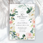 Invitación Rosa de Rubor Floral 30. Fiesta de cumpleaños<br><div class="desc">Una bella invitación femenina para la fiesta de cumpleaños número 30 enmarcada en una corona de rosas de color rosa y blanco y vegetación. Las combinaciones de colores son femeninas y alegres para preparar a sus invitados a una feliz celebración. Personalice los detalles del evento reemplazando el texto de ejemplo...</div>