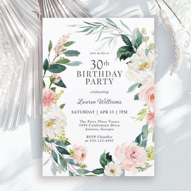 Invitación Rosa de Rubor Floral 30. Fiesta de cumpleaños (Available in both printed and instant download digital formats.)