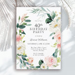 Invitación Rosa de Rubor Floral 40.ª Fiesta de cumpleaños<br><div class="desc">Una bella y femenina invitación a la fiesta de cumpleaños número 40 enmarcada en una corona de rosas de color rosa y blanco y vegetación. Las combinaciones de colores son femeninas y alegres para preparar a sus invitados a una feliz celebración. Personalice los detalles del evento reemplazando el texto de...</div>