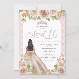 Invitación Rosa de Rubor Floral Princesa Tiara Sweet 16