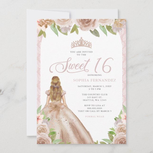 Invitación Rosa de Rubor Floral Princesa Tiara Sweet 16 (Anverso)